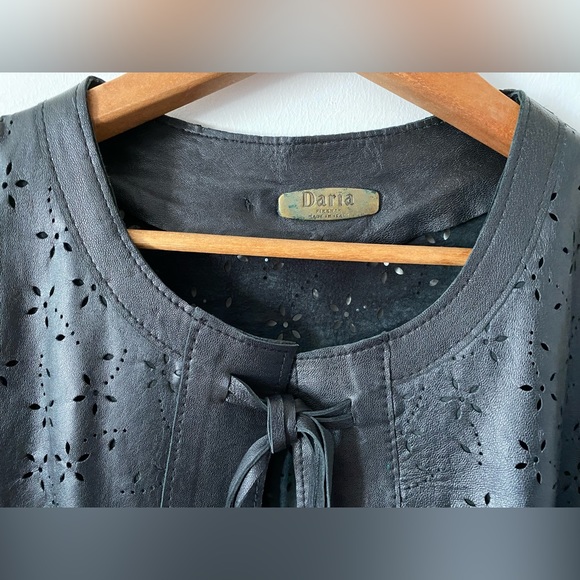 Italian Leather Duster Kimono Open Front Jacket, Pierced Cut Out Detail Black S - Picture 2 of 7